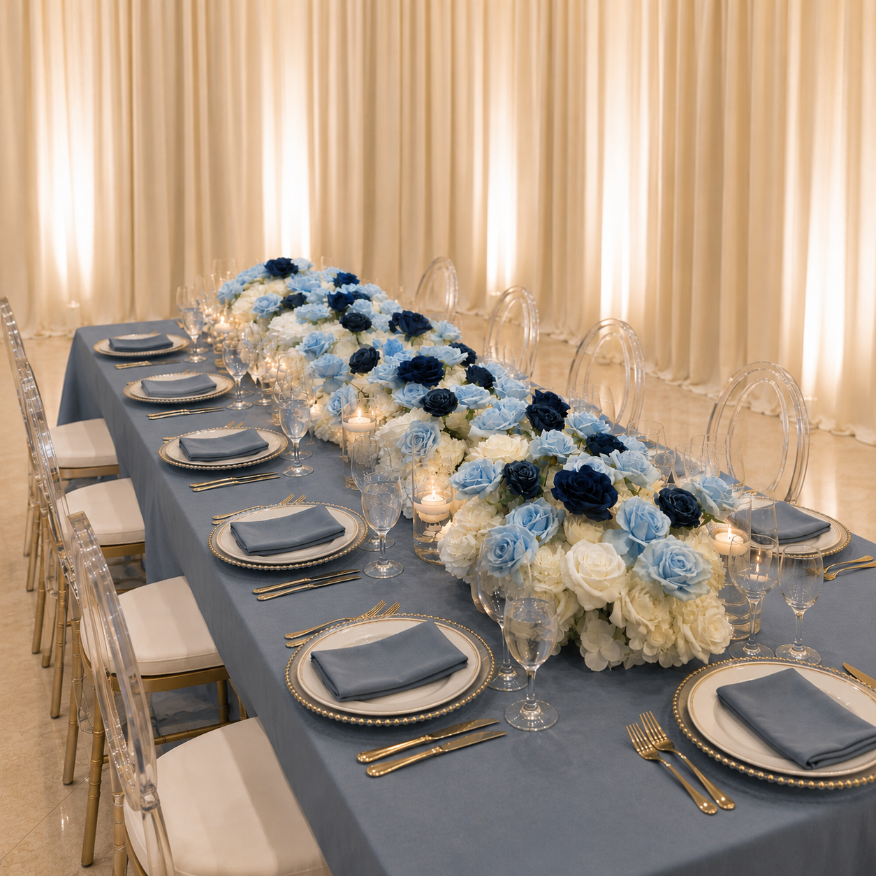 #C0019 - White Navy Blue Rose Runner 6.5ft, $80.00 White Navy Blue Rose Runner 6.5ft