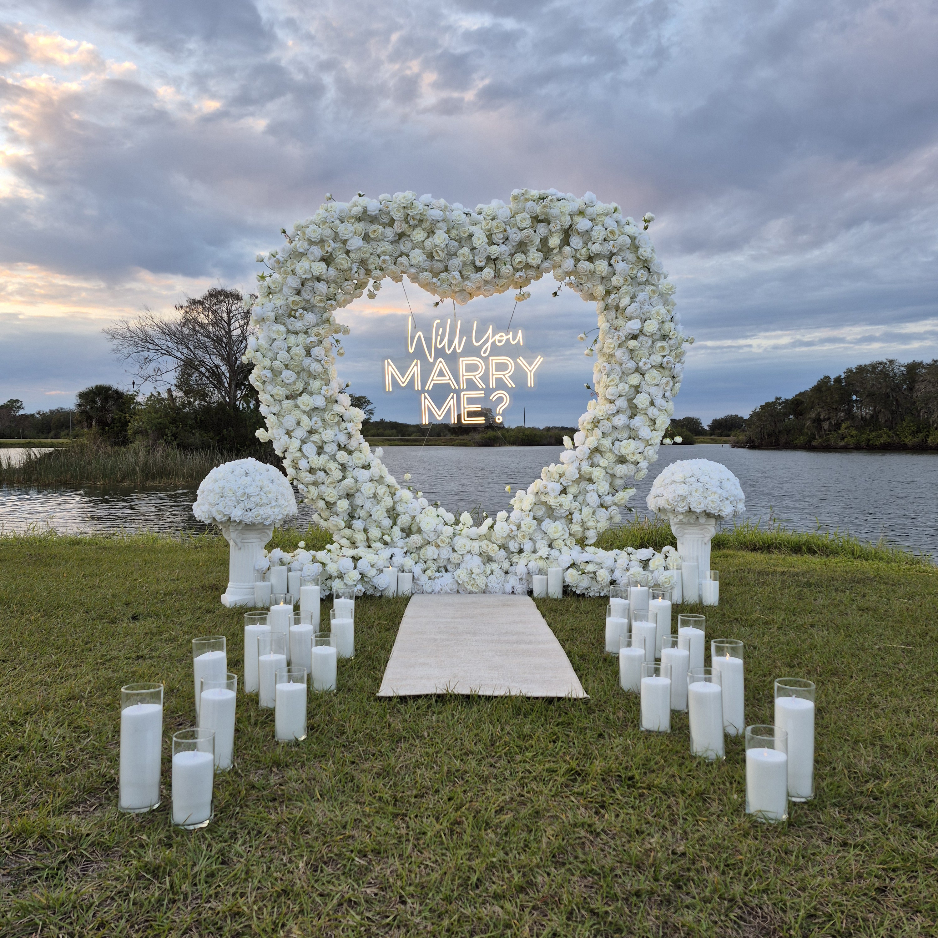 #R0028 - Set: Arch, Neon Sign, 2 Balls, 2 Pedestals, 2 runners, 36 Candles, Carpet, $495.00 Set: Arch, Neon Sign, 2 Balls, 2 Pedestals, 2 runners, 36 Candles, Carpet