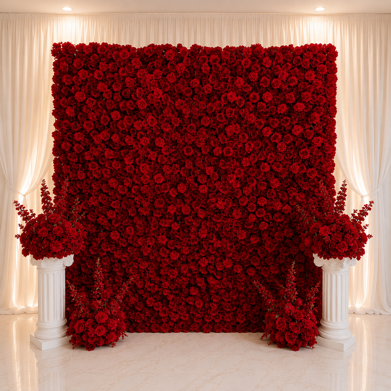 #D0001 - Red Rose Flower Wall, 2 Pillars, 4 Flower Balls, $490.00 Red Rose Flower Wall, 2 Pillars, 4 Flower Balls