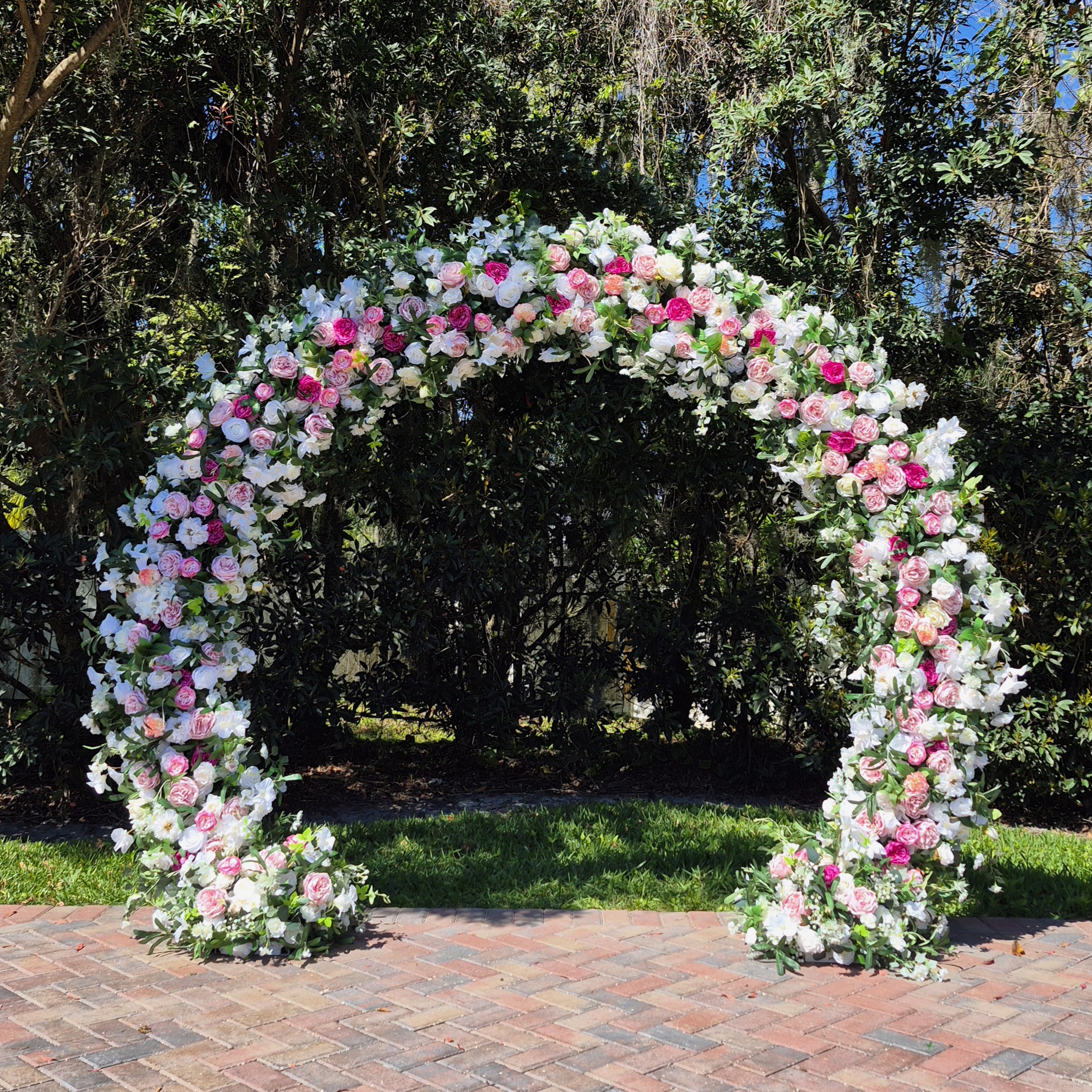 #B0047 - White Pink Rose Carnation Greenery Round Arch , $345.00 White Pink Rose Carnation Greenery Round Arch