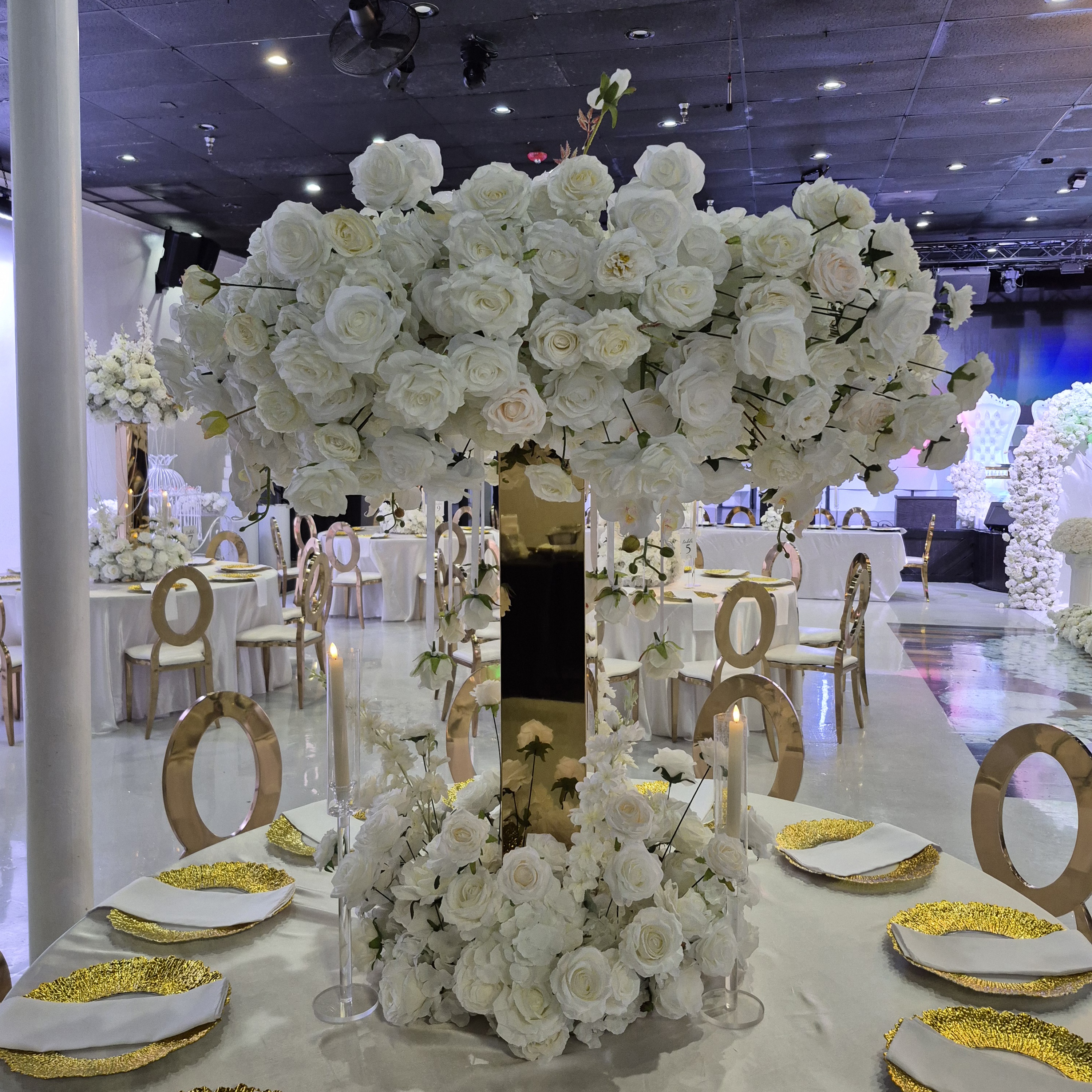 #C0088 - Luxury White Rose Orchid Centerpiece + Gold stand with Hanging Roses , $160.00 Luxury White Rose Orchid Centerpiece + Gold stand with Hanging Roses