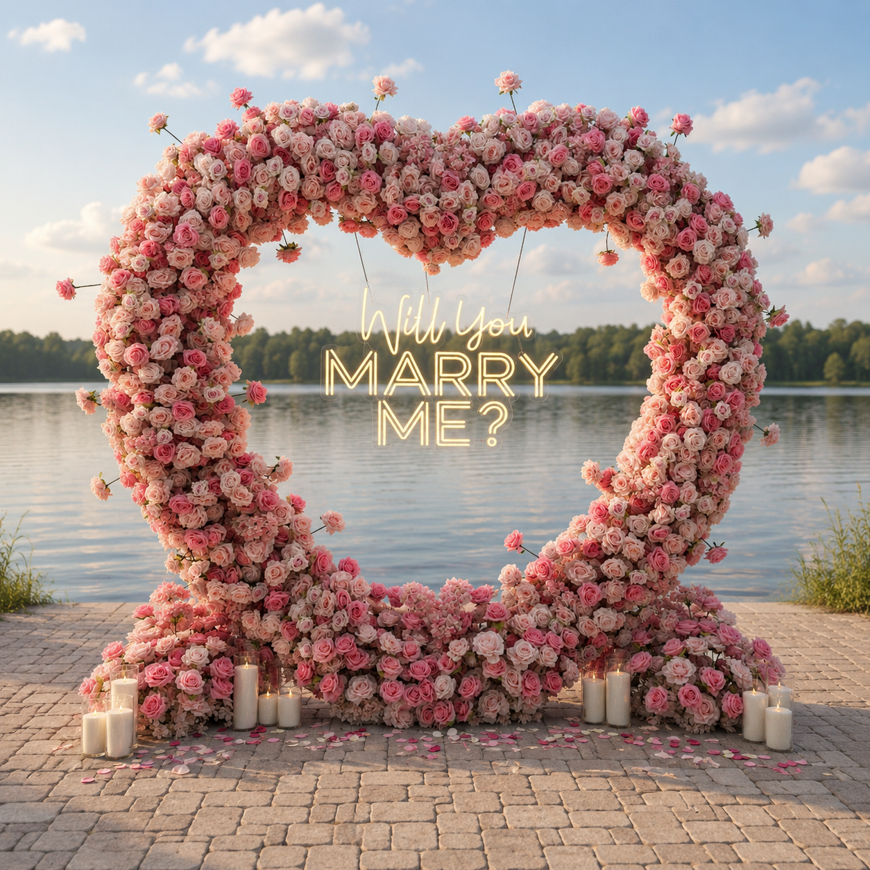 #R0027 - Set: Pink Rose Arch, Neon Sign, 2 Flower Balls, 12 candles, $440.00 Set: Pink Rose Arch, Neon Sign, 2 Flower Balls, 12 candles