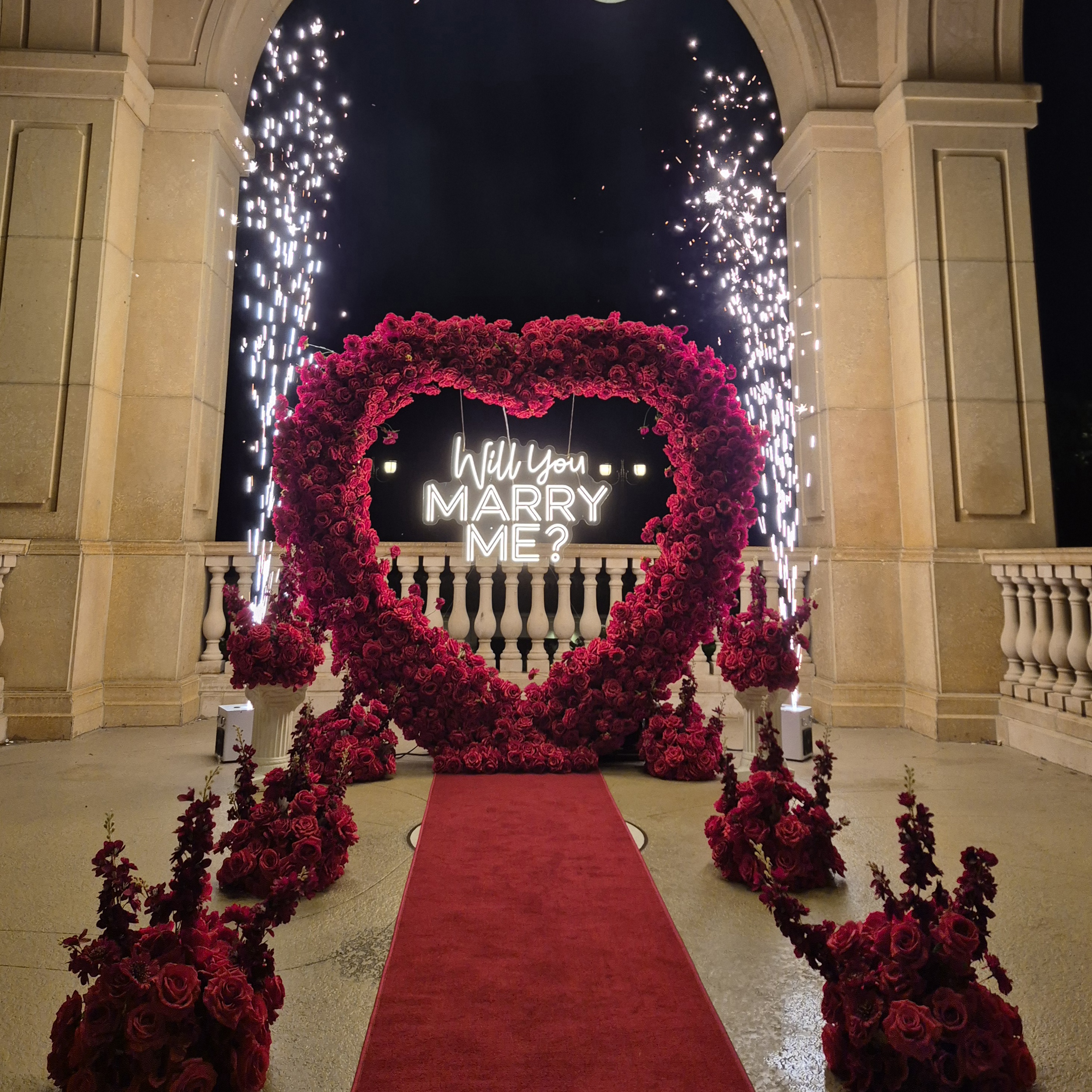 #R0045 - Set: Arch, Neon Sign, 2 sparklers, 2 Pedestals, 8 Balls, Carpet, $585.00 Set: Arch, Neon Sign, 2 sparklers, 2 Pedestals, 8 Balls, Carpet