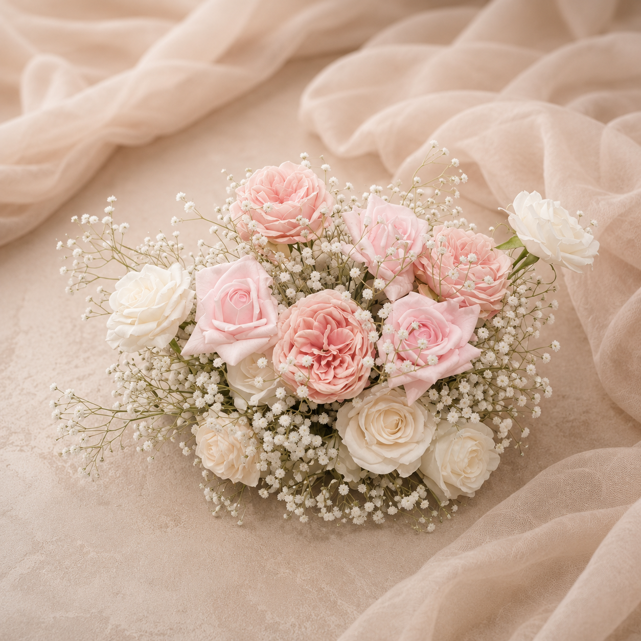 #C0123 - White Pink Rose Babybreath Ball 14", $25.00 White Pink Rose Babybreath Ball 14"