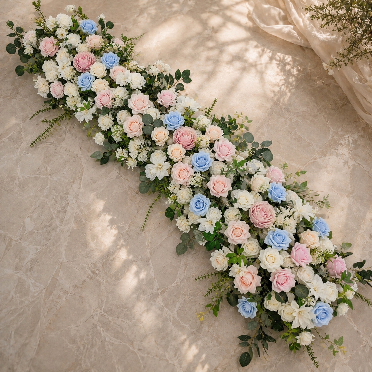 #C0155 - White Pink Blue Flower Runner 6.5ft, $85.00 White Pink Blue Flower Runner 6.5ft